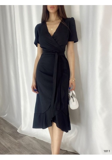 Kadın Kruvaze Yaka Midi Boy Kuşaklı Krep Elbise 120 Cm Siyah