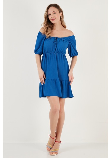 Lela Önü Büzgülü Balon Kollu Mini Bayan Elbise 5869005 Saks