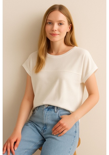 Kadın Beyaz Bisiklet Yaka Basic Kısa Kollu Bluz, Kadın Bluz Beyaz
