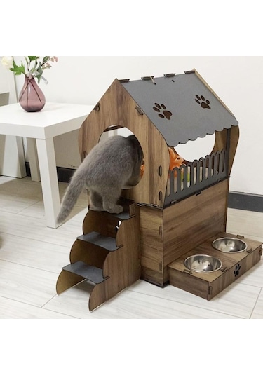 Reyo Pet Dekoratif Teraslı Kedi Evi ve Mama Kabı Seti