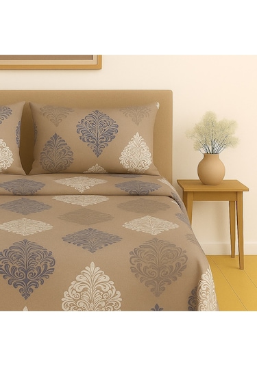 Çift Kişilik Desenli Nevresim + 2 Adet Kapaklı Yastık Kılıfı Açık Kahverengi