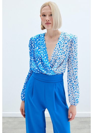 Sateen Kruvaze Desenli Bodysuit - Ekru-lacivert Ekru - Lacivert