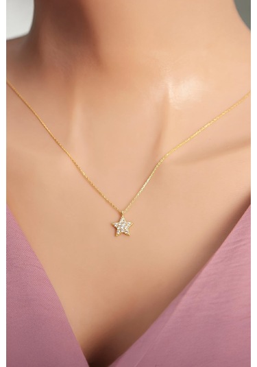 925 Ayar Gümüş Altın Kaplama Minimal Yıldız Bayan Kolye - 50 CM