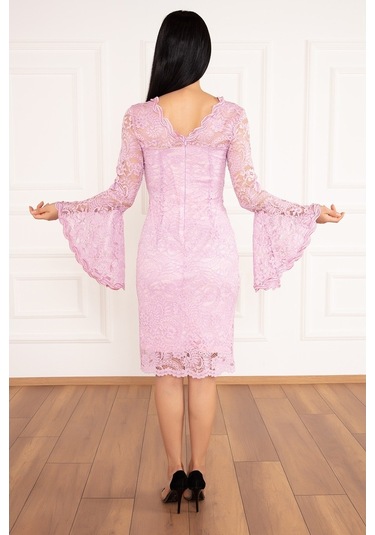 Kalopya Kol Volanlı Kısa Dantel Abiye Elbise 13034 Pembe