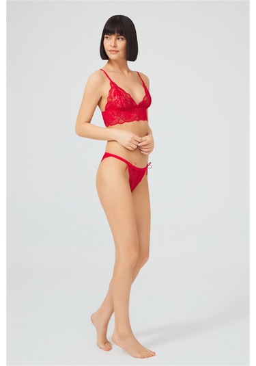 Kırmızı Dantelli Transparan Balensiz Kadın Sütyen Takımı Kırmızı