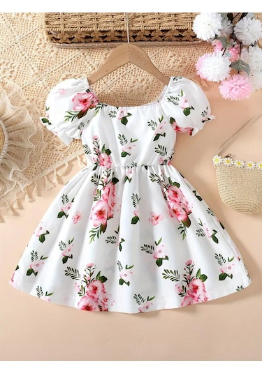 Camaguey Renkli Kız Çocuk Elbisesi - Kız Çocuk Yazlık Çiçekli Elbise - Mezuniyet Elbisesi A.Yeşil