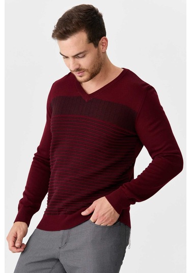 Desen Triko Erkek Desenli V Yaka Yün Kazak 0249640 Bordo Bordo