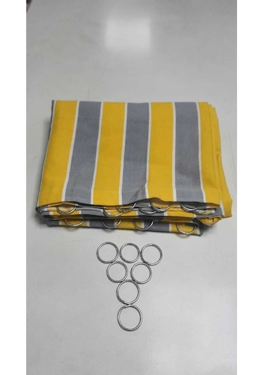 Devrim Olivya Tekstil Demir Halkalı Balkon Perdesi - 1. Sınıf Gabardin Kumaş, Gri-krem, Alt Ve Yan Bağcıklı Sarı Gri