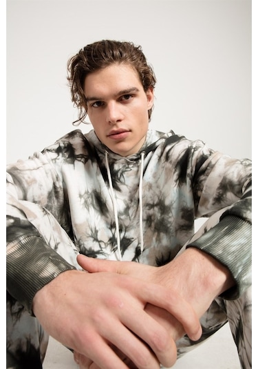 Jahr Marc Batik Yıkamalı Gri Oversize Erkek Kapüşonlu Sweatshirt Gri