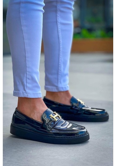 Bağcıksız Kömür Rugan H Günlük Erkek Ayakkabısı Siyah2 Siyah