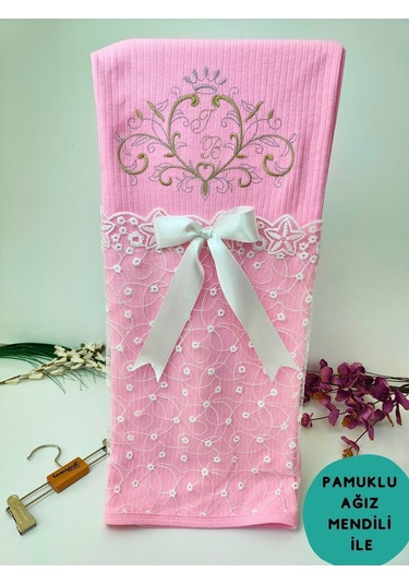 Pembe Kız Bebek Battaniyesi %100 Pamuklu Şık Dantelli Nakışlı Doğal Organik Uyku Örtüsü Yenidoğan Pembe