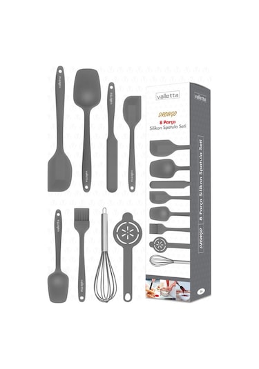 Valletta Drongo Isıya Dayanıklı Yanmaz Yapışmaz Gri Silikon Spatula Seti 8 Parça