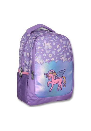 Ümit Çanta Nakışlı Unicorn Kız Çocuk Üç Gözlü Lila Renk Okul Çantası - 5027 Lila