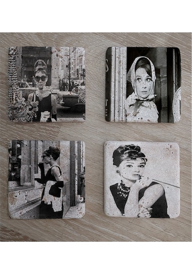 Siyah Beyaz Audrey Hepburn Fotoğrafları Doğal Taş Bardak Altlığı 4'lü Set - Natural Stone Coasters - Taş Beyaz - Siyah