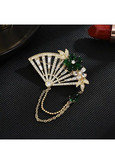 Novahub Çin Stili Retro Saray Yelpazesi Broş Zarif Lüks Zümrüt Çiçek Korsaj Cheongsam Giyim Aksesuarları Altın Altın