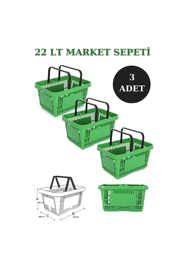3 adet 22Litre Market ve Alışveriş Sepeti, Saplı Market Sepeti Y
