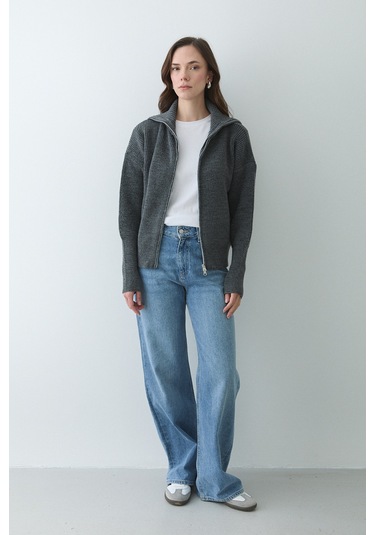 Antrasir Çift Fermuarlı Hırka - 251080 Antrasit