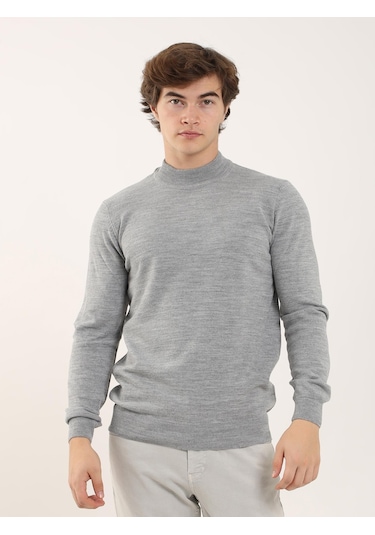 Dufy Gri Melanj Erkek Slim Fit Yarım Balıkçı Yaka Triko - 91112 Gri Melanj