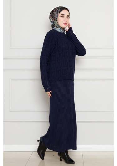 Dantel İşlemeli Jileli Triko Takım-lacivert-4436 Lacivert