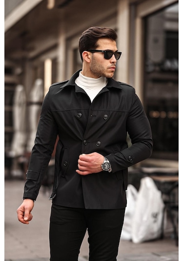 Mero Life Erkek Siyah Mevsimlik Astarlı Kemerli Kruvaze Trençkot Siyah