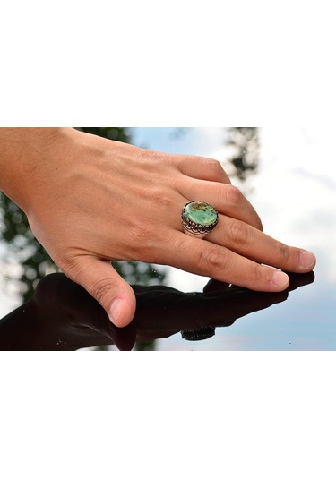 Gerçek Arizona Yeşil Turkuaz Taşı Yüzük, 925 Ayar Gümüş Yüzük Erkekler İçin Gümüş