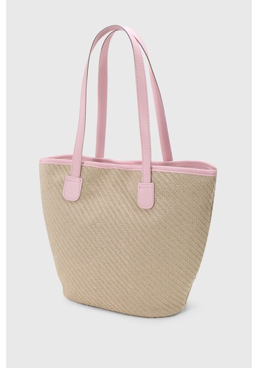 Housebags Doğal Hasır Pembe Deri Askılı Plaj Çantası Hasır Pembe