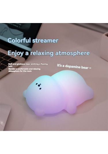 Xurunkeji Silikon Yatan Düz Ayı Led Gece Lambası Sevimli Hayvan Çocuk Gece Lambası Dokunmatik Kontrol Usb Şarj Edilebilir Lambalar Çocuklar İçin Beyaz