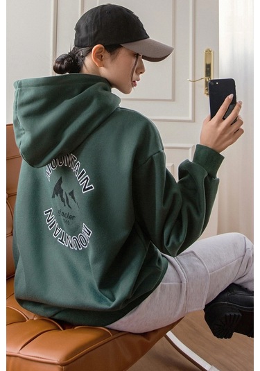 Unisex Montaın Baskılı Oversize Sweatshirt Siyah
