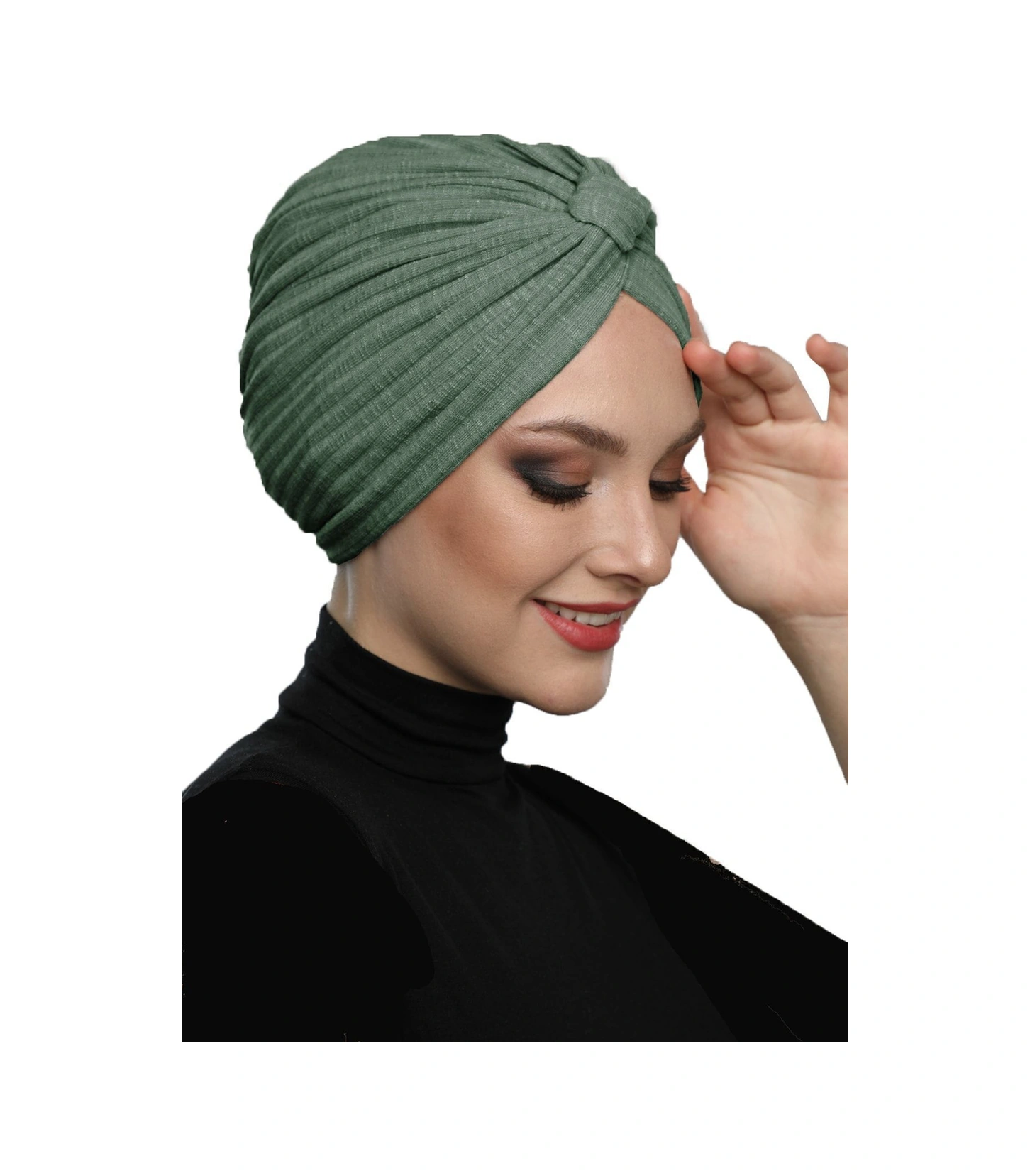 Pamuklu Bantlı Çapraz Astarlı Çam Yeşili Hazır Türban Tesettür Havuz Bonesi Çam Yeşili