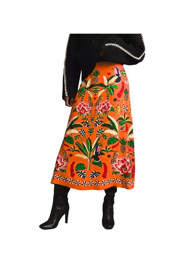 Günlük Moda Bitki Baskılı Retro Etek Kadın Turuncu Renk