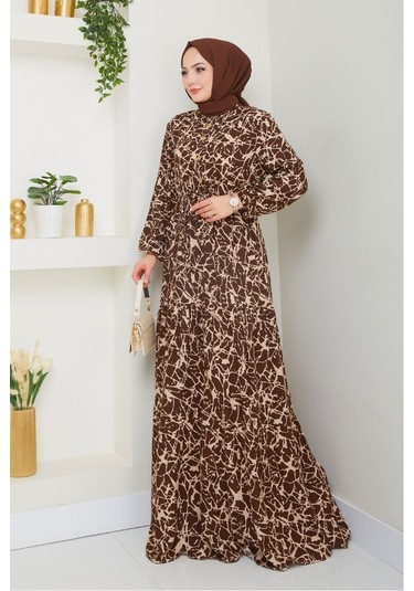 Sevil Yarım Düğmeli Dokuma Viskon Elbise 1504 - Acı Kahve Acı Kahverengi