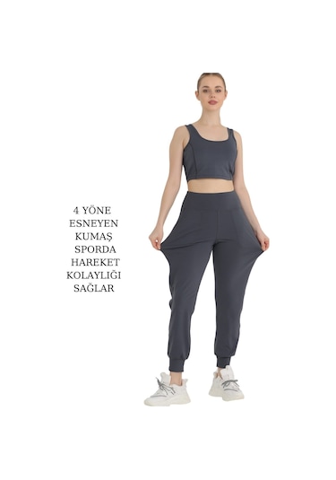 Kadın Curve Eşofman Alt Antrasit Jogger Dalgıç Kumaş Yüksek Bel Çift Cepli Joggers 1061 Antrasit
