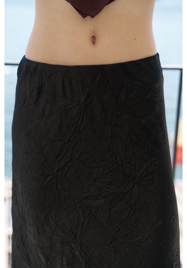 Eubah Kırışık Uzun Siyah Saten Etek Siyah