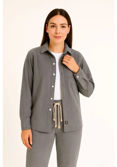 Kadın Kadife Oversize Takım Gömlek Ve Pantolon İkili Set Füme Corduroy Şıklığı, Rahat Ve Zarif Dur Füme