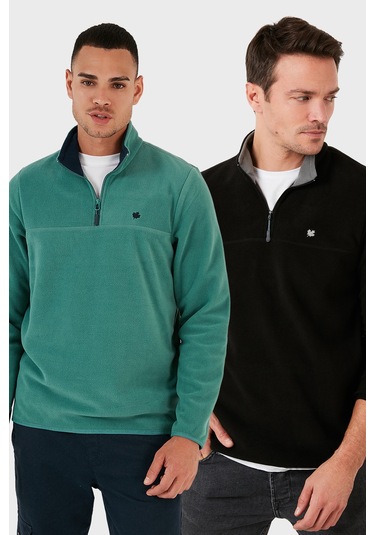 Buratti Slim Fit Anti-Pilling Tüylenme Yapmayan Bato Yaka Şardonlu 2'Li Paket Erkek Polar 5906001S2 Benetton-Siyah