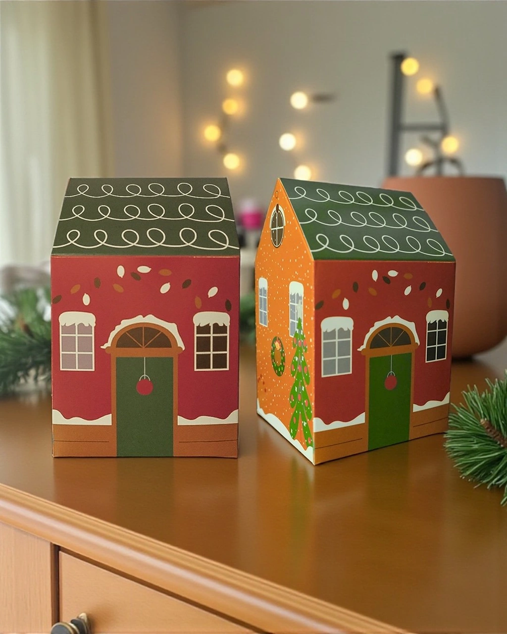 Yılbaşı Ev Tasarımlı Kutu Çanta Seti, Parti, Hediye Çantası, 12li