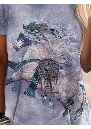 Kadın Kısa Kollu Bisiklet Yaka Salaş Süprem Bluz Desenli