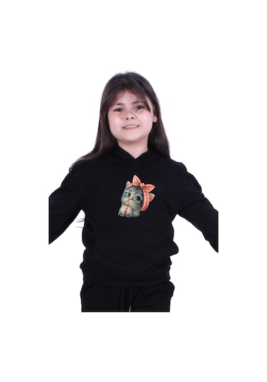 Fyk Kids Kapüşonlu Kedi Baskılı Sweatshirt Siyah