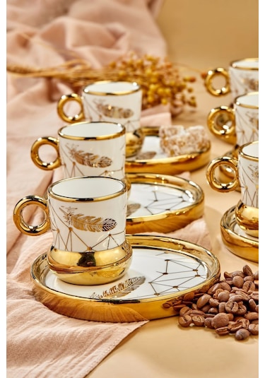 Carmen 6 Kişilik Porselen Tüy Desenli Kahve Fincan Takımı