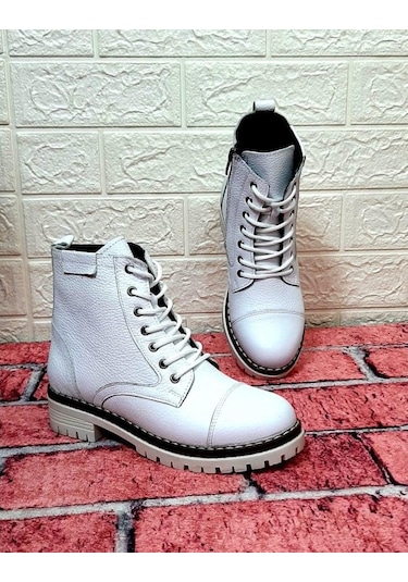 Voyager 8493 Beyaz Hakiki Deri Fermuarlı Bağcıklı Kaliteli Bayan