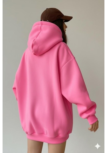 Afri Kadın Oversize Pembe Sweatshirt 3 İplik Şardonlu Kapüşonlu Cepli Rahat Kalıp Pembe