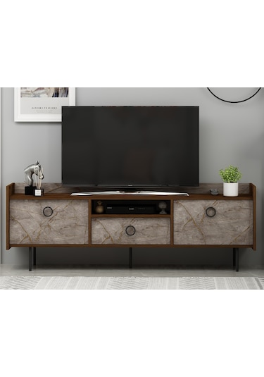 T0015 Lidya Kapaklı, Açık Raflı Tv Sehpası - Gordion Mermer/ceviz Gordion Mermer/ceviz