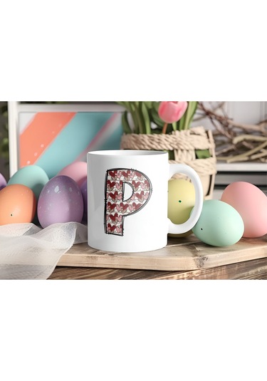 P Harfi Aşk Temalı Kupa - Kalp Desenli Kişiye Özel Romantik Sevgililer Günü Kahve Kupası Beyaz