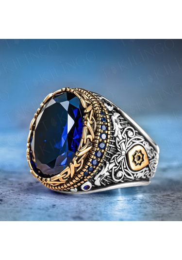 Takılingo 925 Ayar Gümüş Mavi Zirkon Taşlı Usta İşi Erkek Yüzük Gümüş