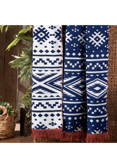 Sarev Etno Lacivert Çift Kişilik Pamuklu Battaniye 200 220 Cm Lacivert