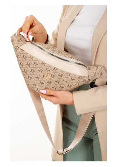 Newish Polo Kadın Desenli Çapraz Omuz Askılı Bel Omuz Çanta Bej