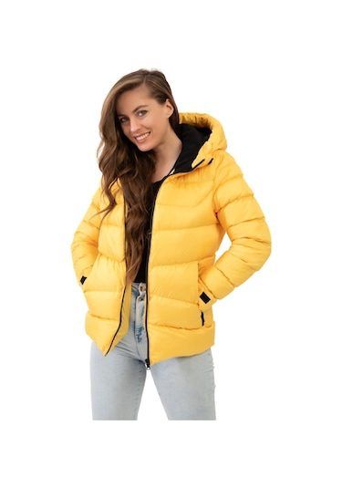 Freemen Kadın Sarı Kapüşonlu Polarlı Kürklü Su Geçirmez Rüzgara Dayanıklı Şişme Mont Sarı