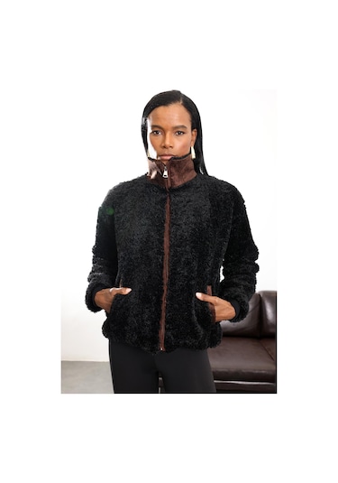 Siyah Kadife Detaylı Peluş Mont Siyah