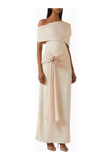 Ac By Aanchal Chanda Off - Shoulder Rose Drape Gül Drapeli Omuz Dekolteli Uzun Kadın Elbise Bej