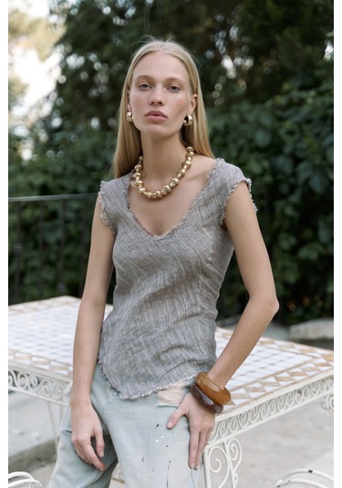 Mai Collection Mai Studios Co. Veilinas Asimetrik Kahve Keten Crop Kahve